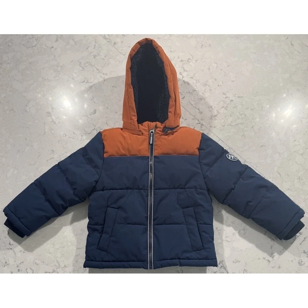 Member's Mark Puffer Jacket Boys 3T Navy Blue Orange Fleece Lined Hooded Coat
